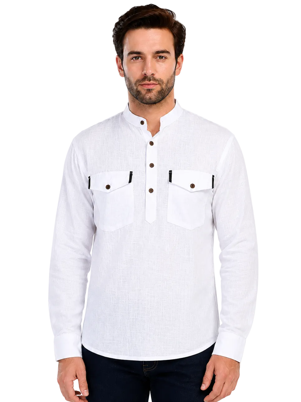 mens pullover dress shirts In-Sattva Men's Double-Breasted Sattva-Collar Henley Style Kurta Tunic; Pearl White new_label Ladivine CC2430 Elegantly Fitted Winter and Spring Color:Rose Gold*