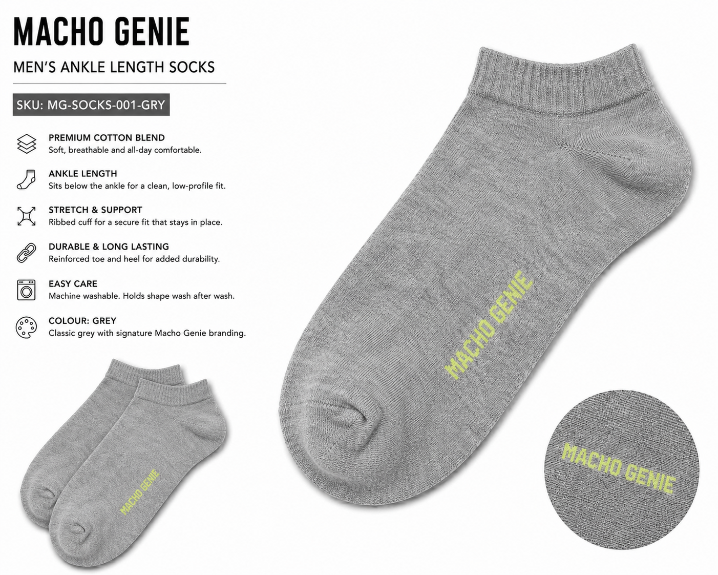 Macho Genie Men’s Grey Ankle Length Socks