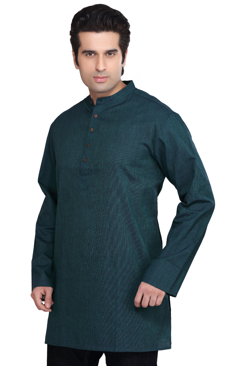 Shatranj Men's Kurta Tunic Banded Collar Thin Stripe Shirt in Teal