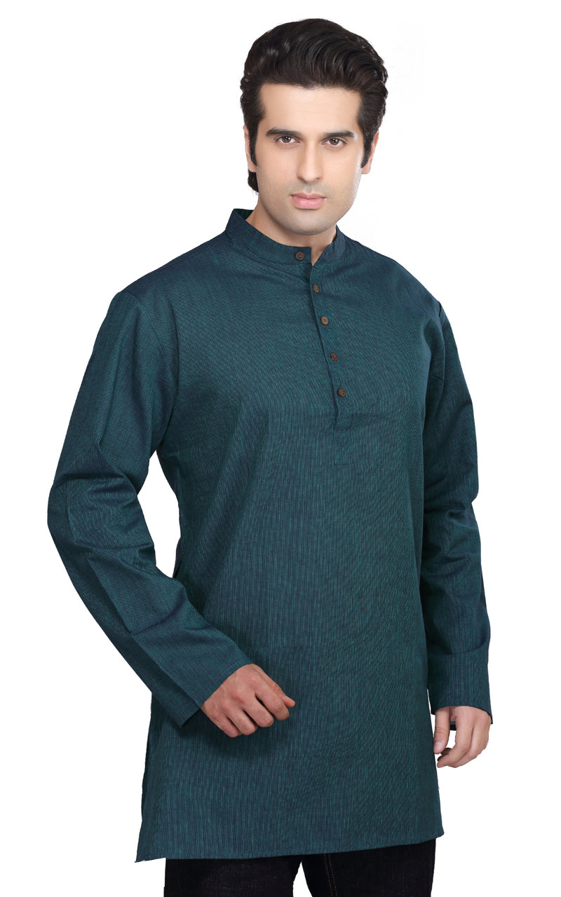 Shatranj Men's Kurta Tunic Banded Collar Thin Stripe Shirt in Teal