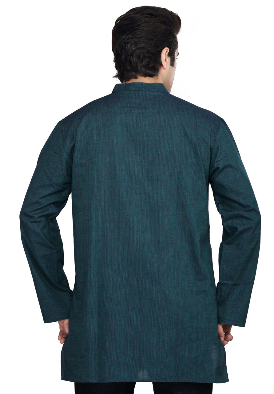 Shatranj Men's Kurta Tunic Banded Collar Thin Stripe Shirt in Teal