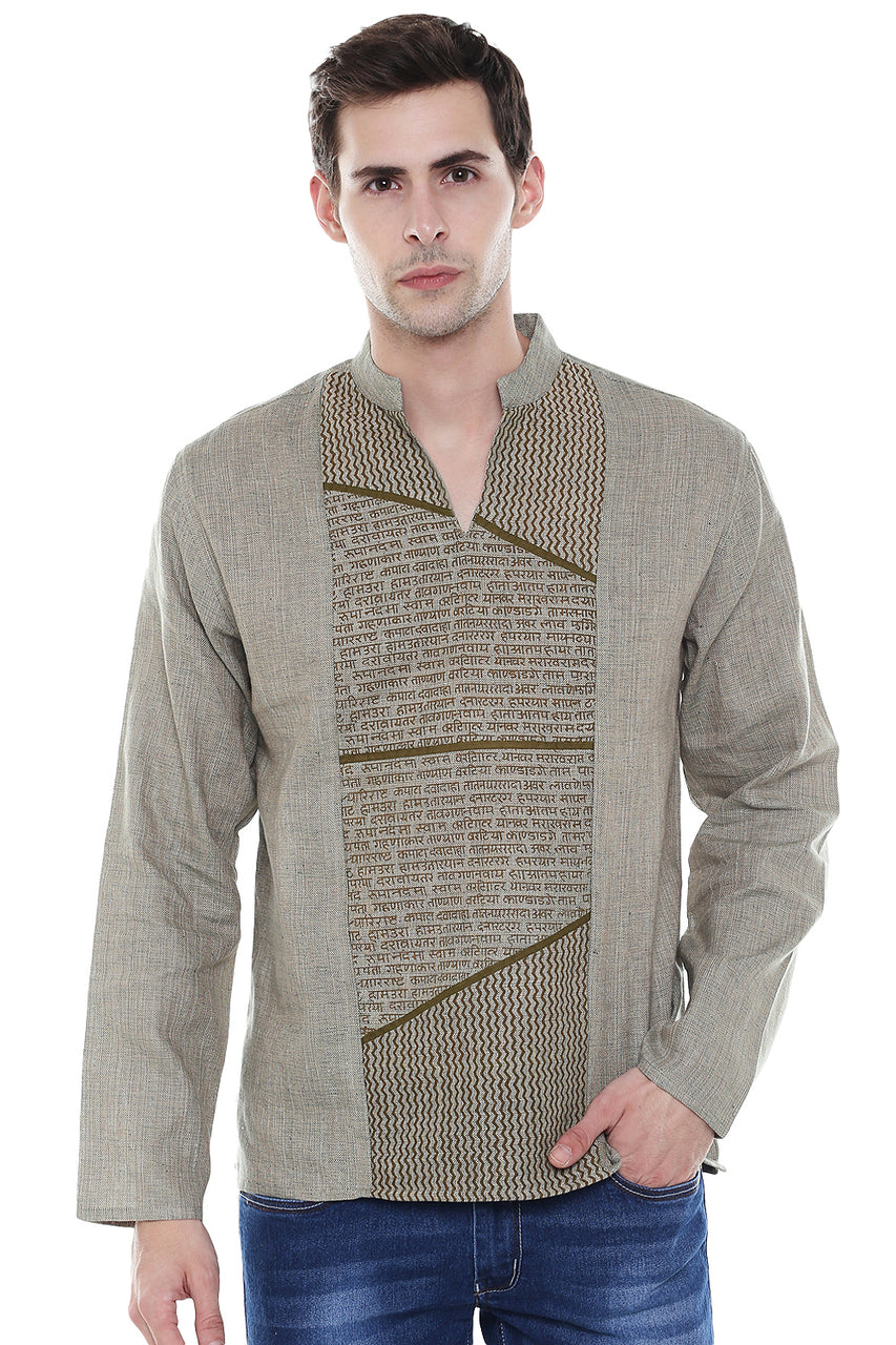 Men's Sanskrit Mantra Print Pure Cotton Beige Kurta Tunic - Front | In-Sattva