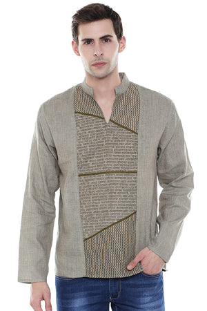 Men's Sanskrit Mantra Print Pure Cotton Beige Kurta Tunic - Front | In-Sattva
