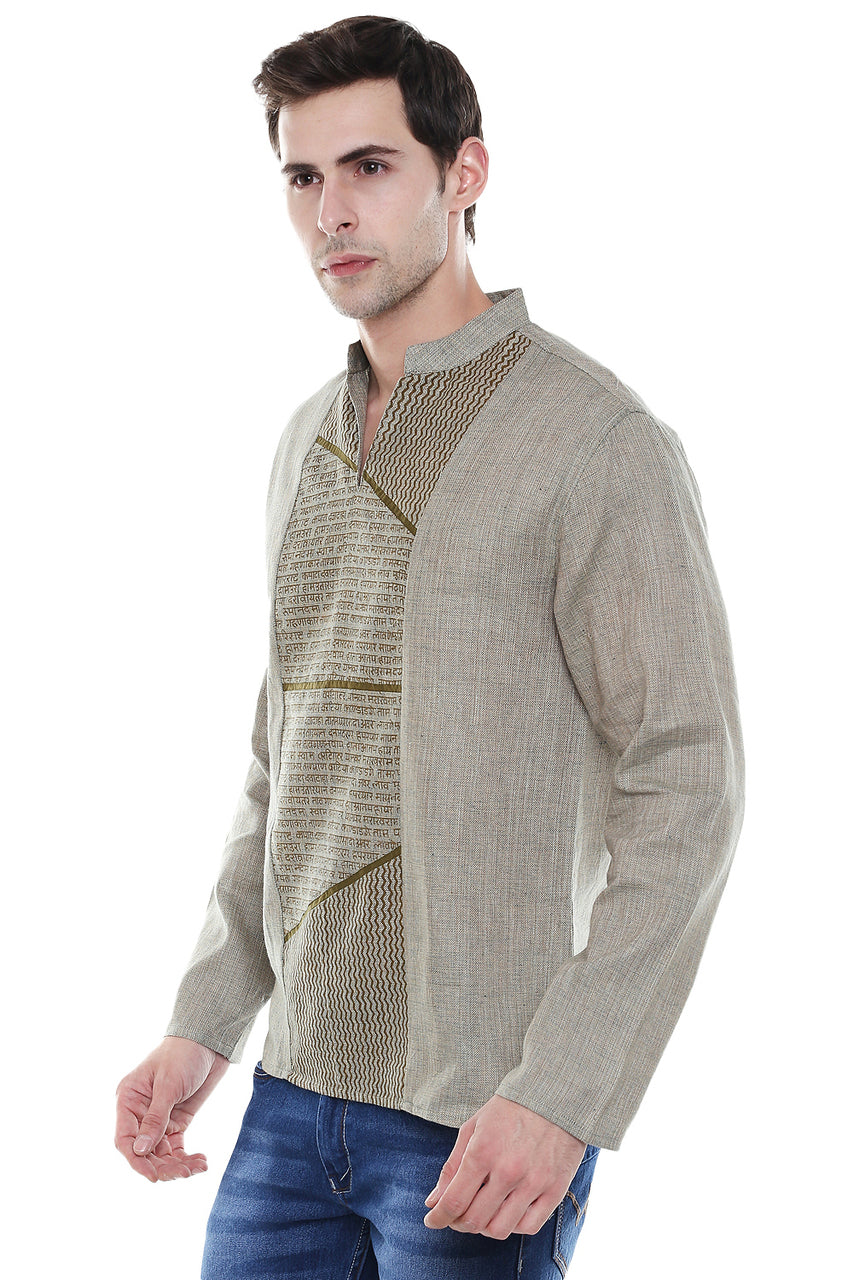 Men's Sanskrit Mantra Print Pure Cotton Beige Kurta Tunic - Side | In-Sattva