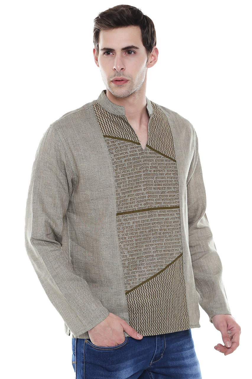 Men's Sanskrit Mantra Print Pure Cotton Beige Kurta Tunic - Side | In-Sattva