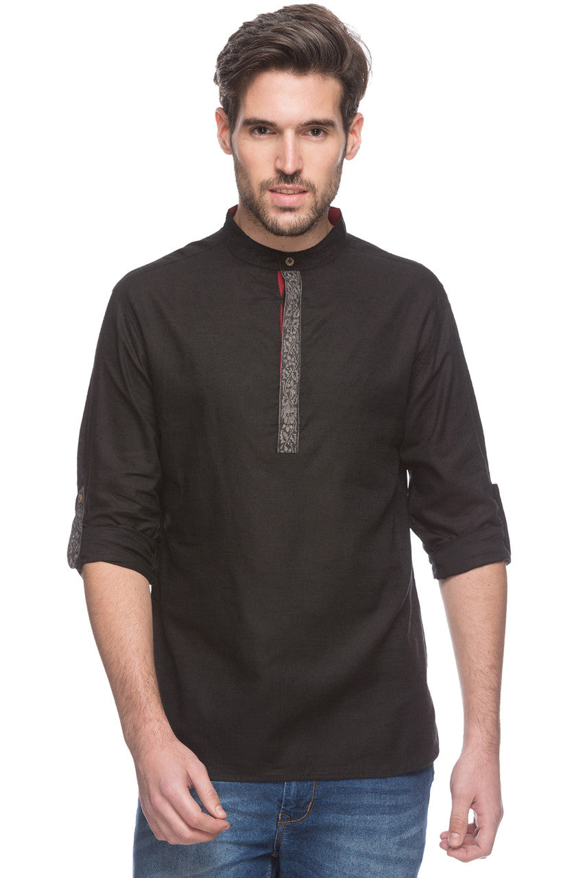 Shatranj Men's Indian Short Kurta Tunic Banded Collar Contrast Placket Solid Black Shirt