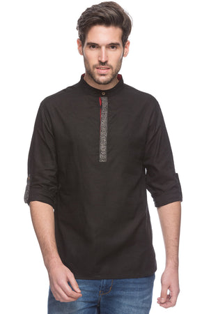 Shatranj Men's Indian Short Kurta Tunic Banded Collar Contrast Placket Solid Black Shirt