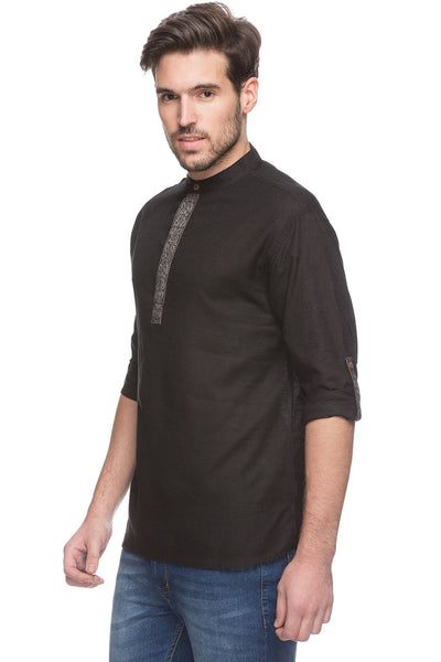 Shatranj Men's Indian Short Kurta Tunic Banded Collar Contrast Placket Solid Black Shirt