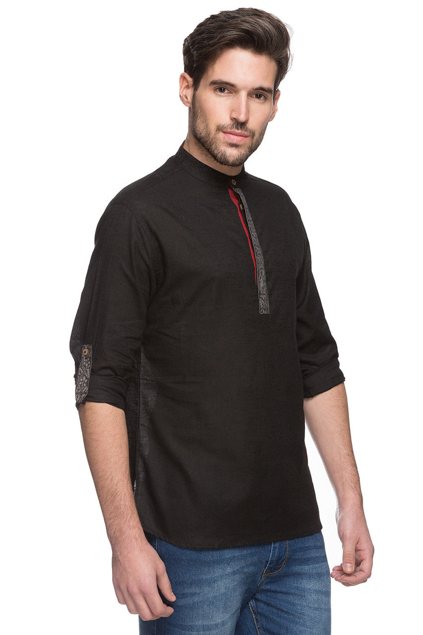 Shatranj Men's Indian Short Kurta Tunic Banded Collar Contrast Placket Solid Black Shirt