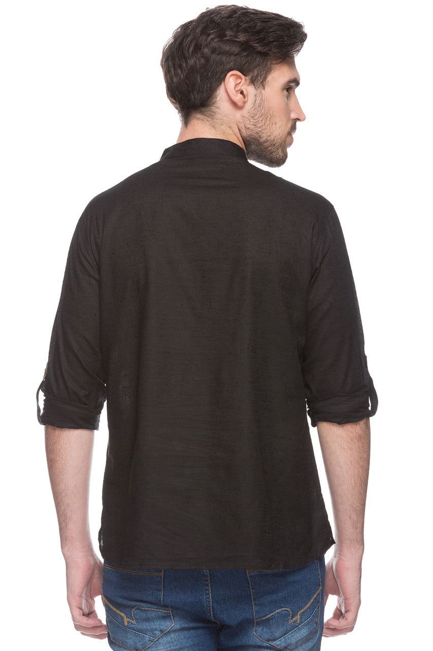 Shatranj Men's Indian Short Kurta Tunic Banded Collar Contrast Placket Solid Black Shirt