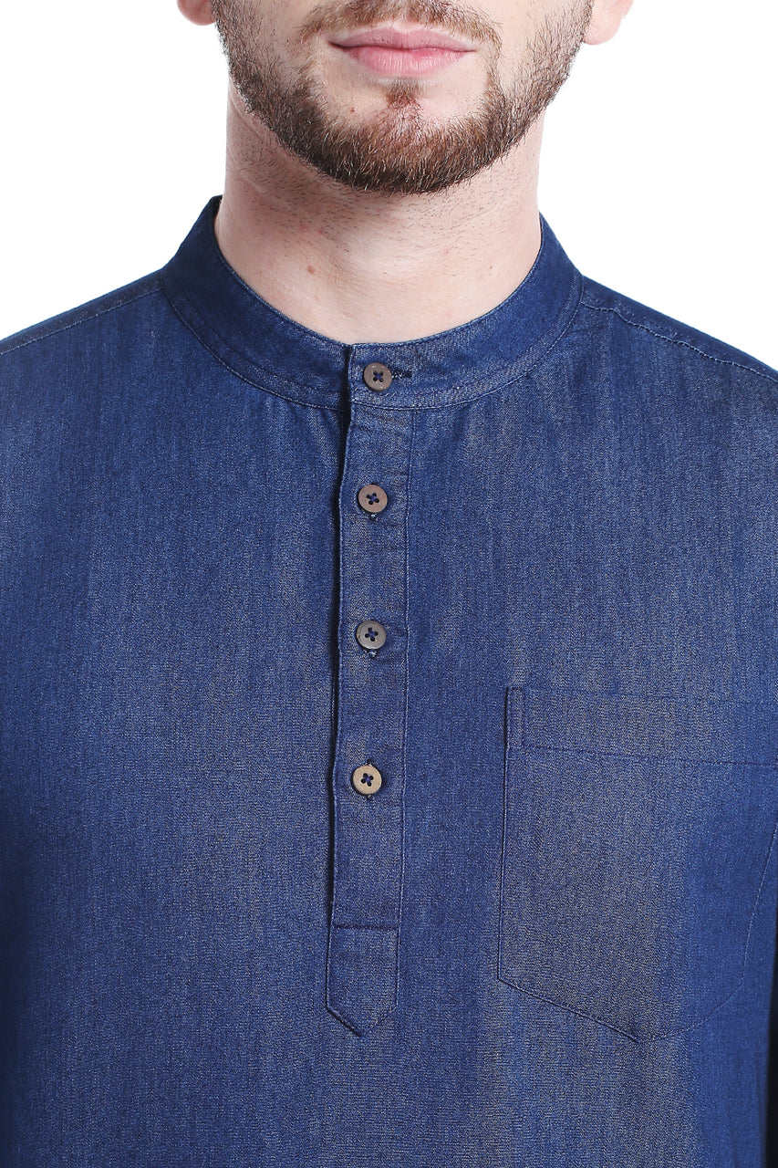 Shatranj Men's Limited Edition Cotton Kurta Tunic with Denim Texture