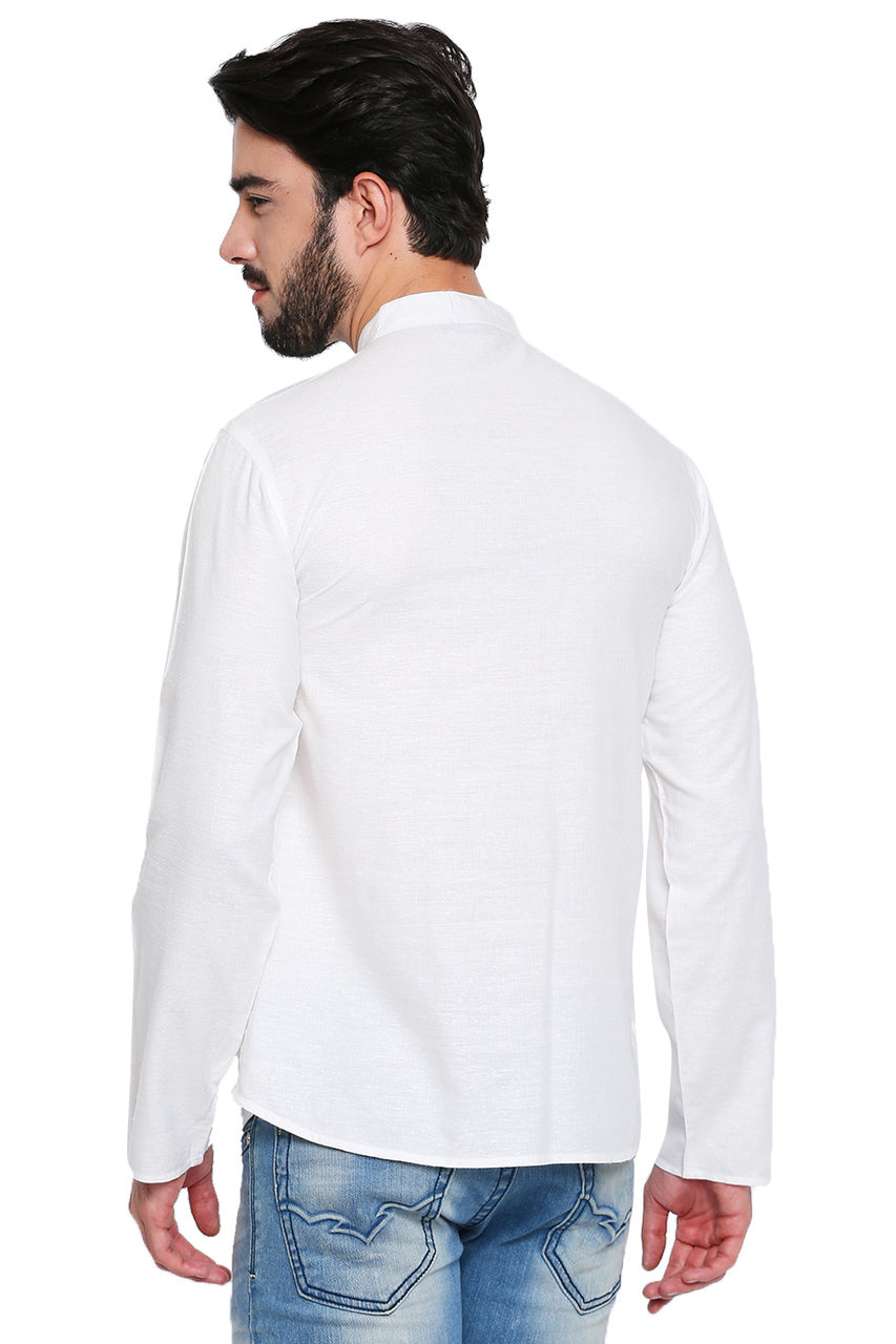 White Men's Shirt-Length Kurta Tunic - Back | In-Sattva