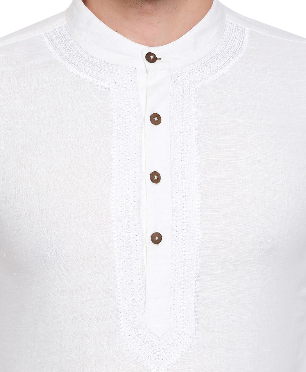 White Men's Shirt-Length Kurta Tunic - Garment details | In-Sattva