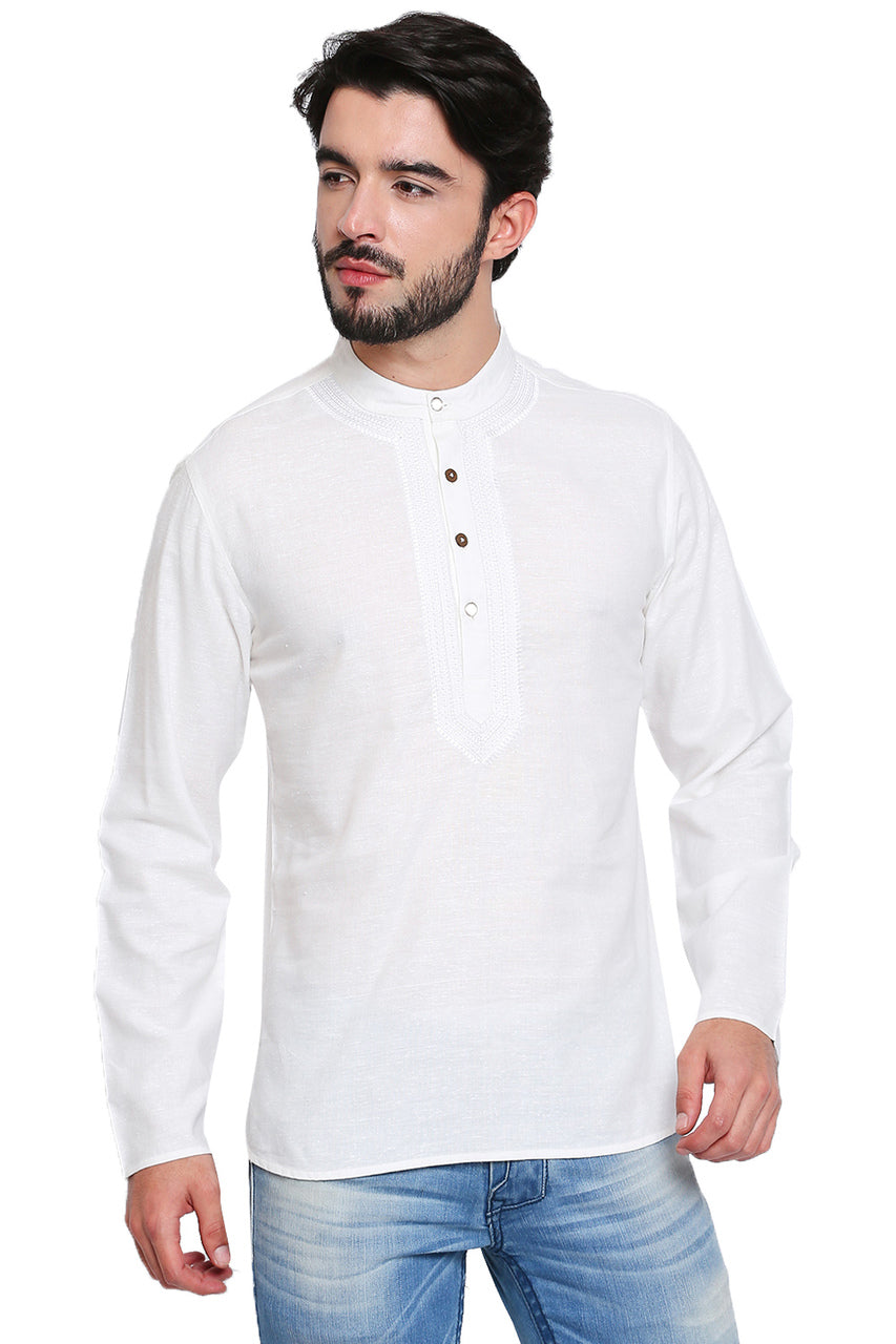 White Men's Shirt-Length Kurta Tunic - Front | In-Sattva