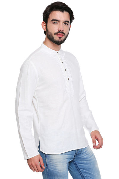 White Men's Shirt-Length Kurta Tunic - Side | In-Sattva