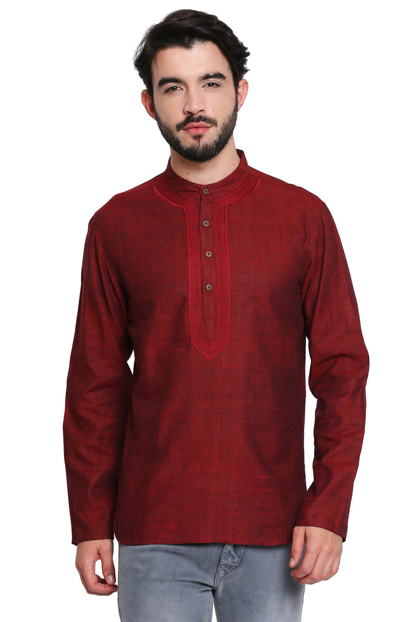 Maroon Men's Shirt-Length Kurta Tunic - Front | In-Sattva