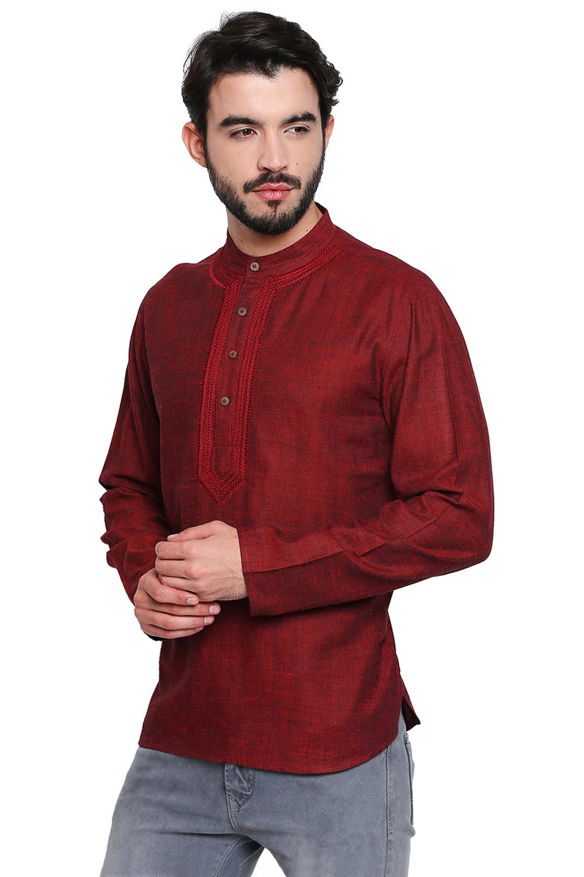 Maroon Men's Shirt-Length Kurta Tunic - Side | In-Sattva