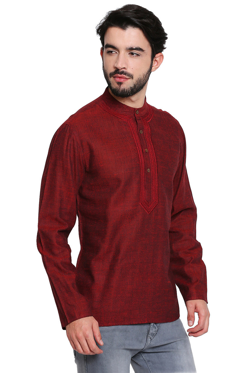 Maroon Men's Shirt-Length Kurta Tunic - Side | In-Sattva