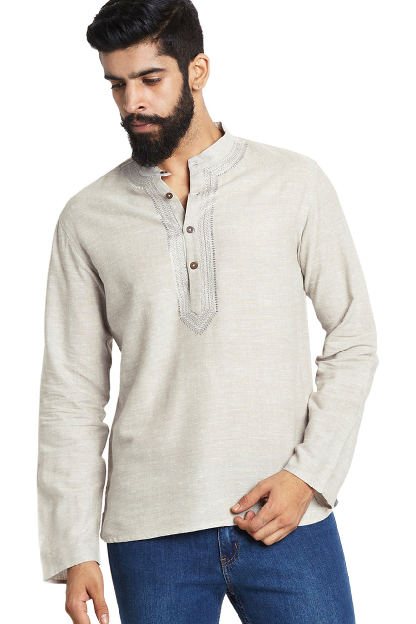 Men's Shirt-Length Embroidered Kurta Tunic - Front | In-Sattva