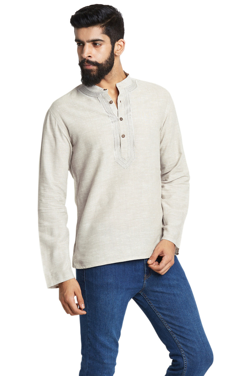 Men's Shirt-Length Embroidered Kurta Tunic - Side | In-Sattva