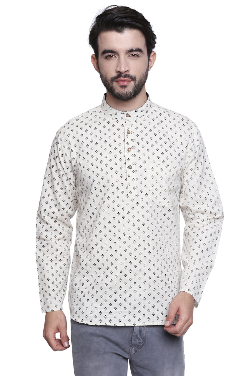 Men's Shirt-Length Block Printed Kurta Tunic - Front | In-Sattva