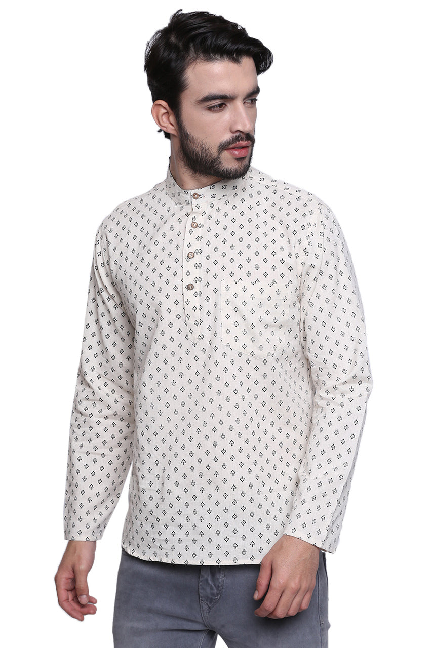 Men's Shirt-Length Block Printed Kurta Tunic - Side | In-Sattva