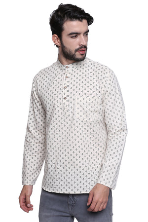 Men's Shirt-Length Block Printed Kurta Tunic - Side | In-Sattva
