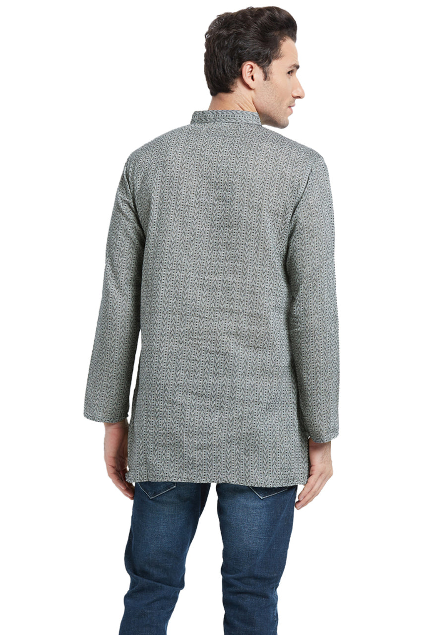 Men's Kurta Tunic: Banded Collar with Charcoal Color Print - Back | In-Sattva