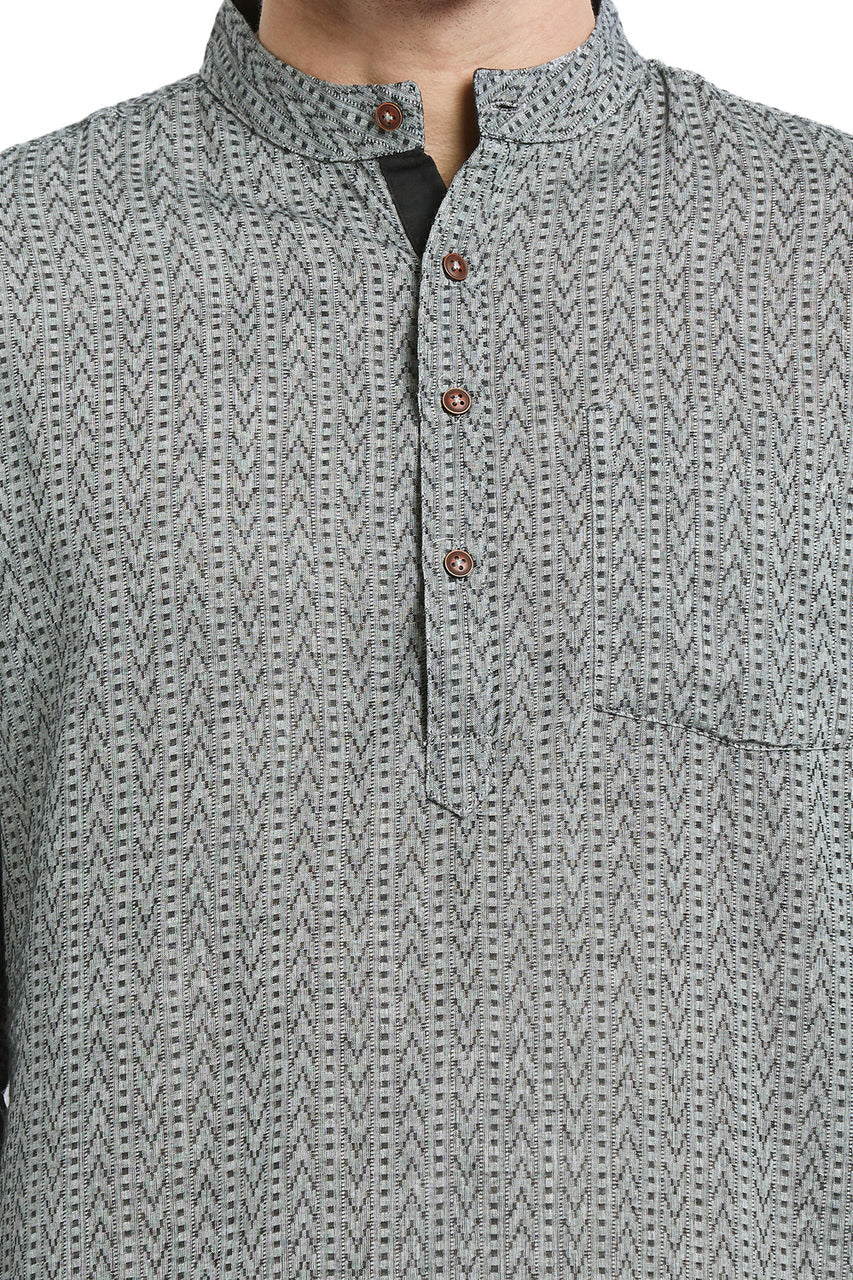 Men's Kurta Tunic: Banded Collar with Charcoal Color Print - Garment Details | In-Sattva