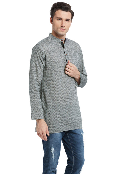 Men's Kurta Tunic: Banded Collar with Charcoal Color Print - Side | In-Sattva