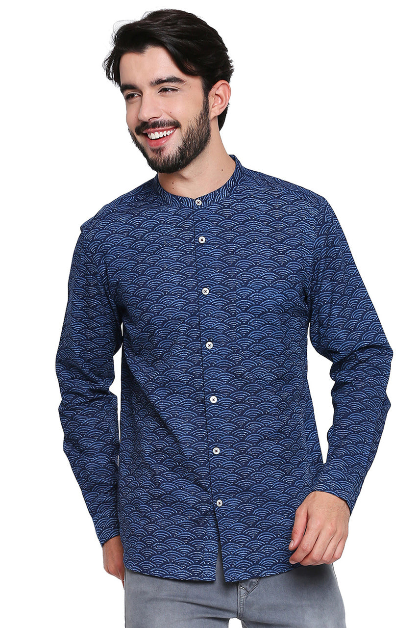 Men's Shirt - Blue Pure Cotton Fabric with Long Sleeves | In-Sattva - Front