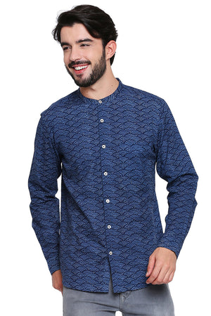 Men's Shirt - Blue Pure Cotton Fabric with Long Sleeves | In-Sattva - Front