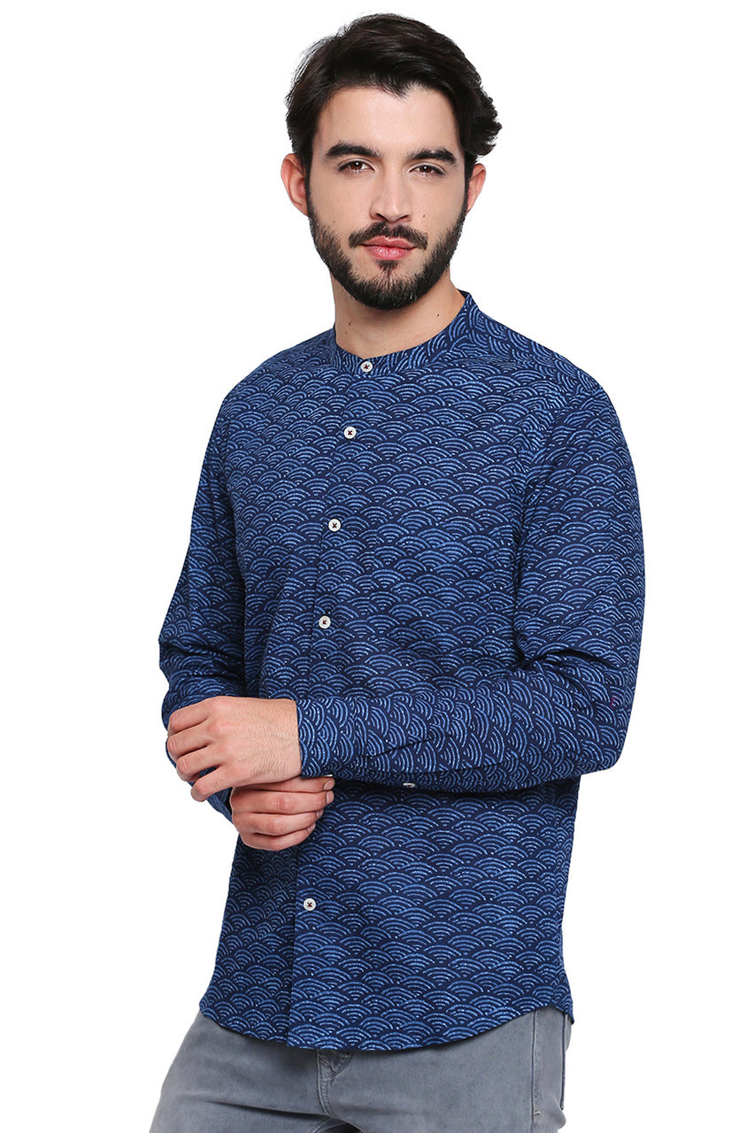 Men's Shirt - Blue Pure Cotton Fabric with Long Sleeves | In-Sattva - Side