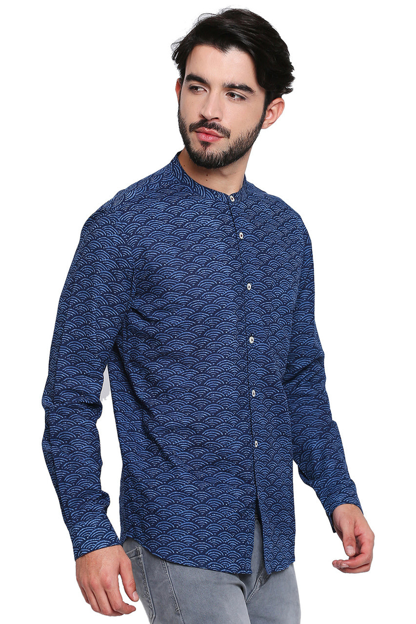 Men's Shirt - Blue Pure Cotton Fabric with Long Sleeves | In-Sattva - Side