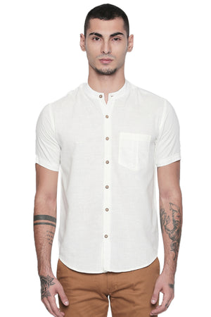 Short Sleeves Button Down Men's Shirt with Banded Collar - Front | In-Sattva