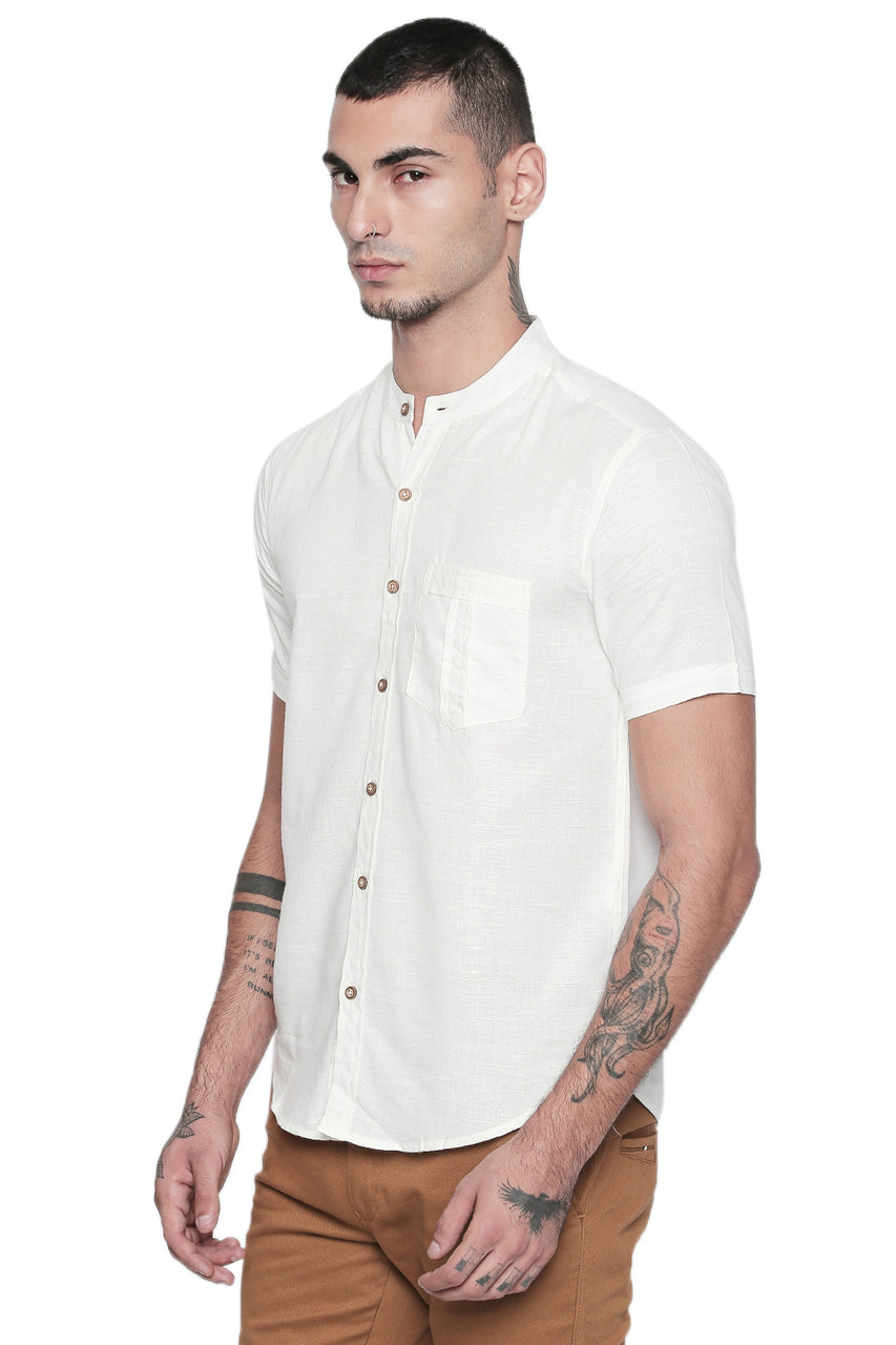 Short Sleeves Button Down Men's Shirt with Banded Collar - Side1 | In-Sattva