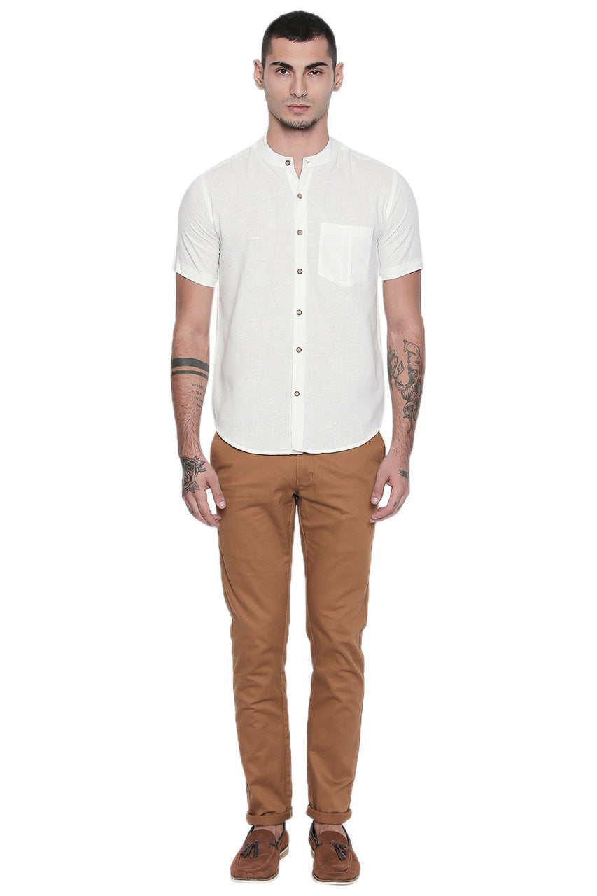 Short Sleeves Button Down Men's Shirt with Banded Collar - Full Front | In-Sattva