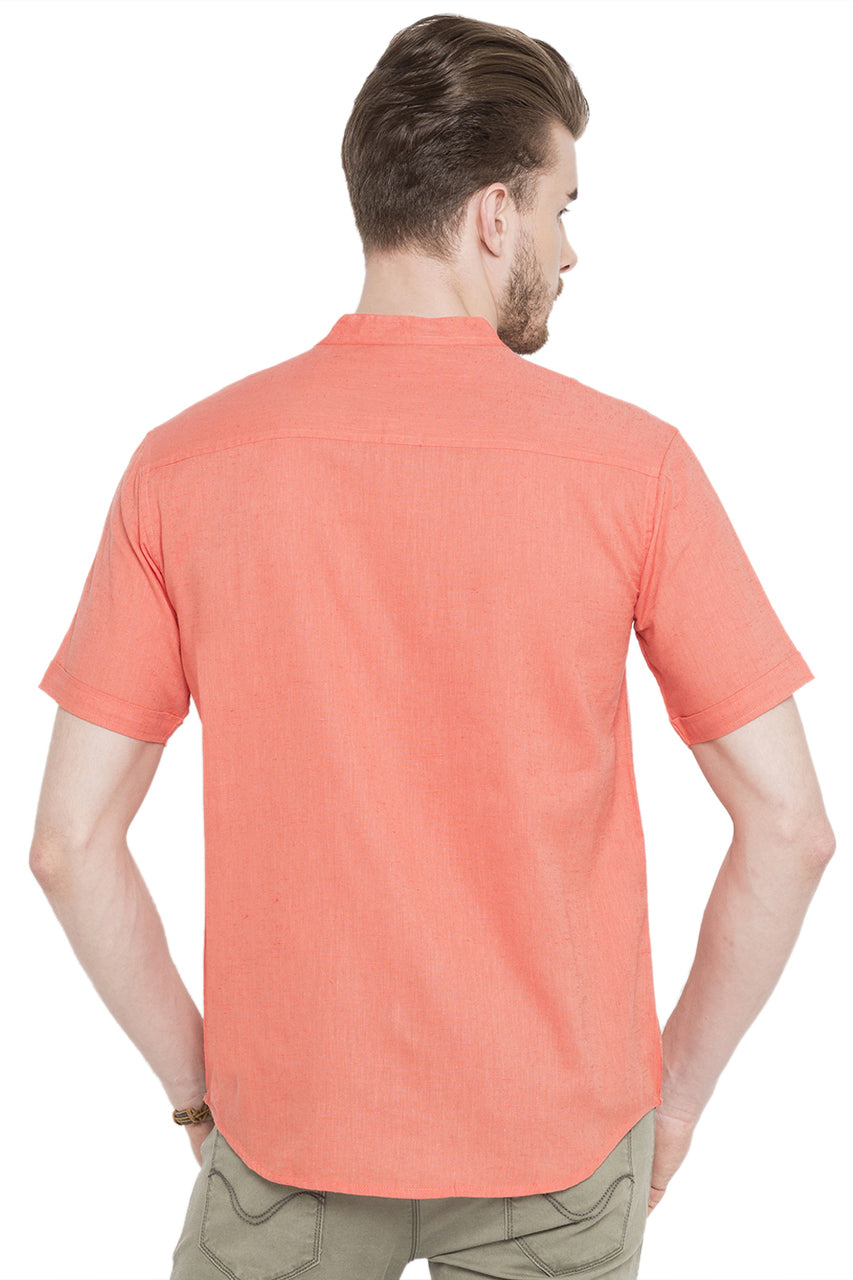 Short Sleeves Button Down Men's Shirt with Banded Collar - Back | In-Sattva