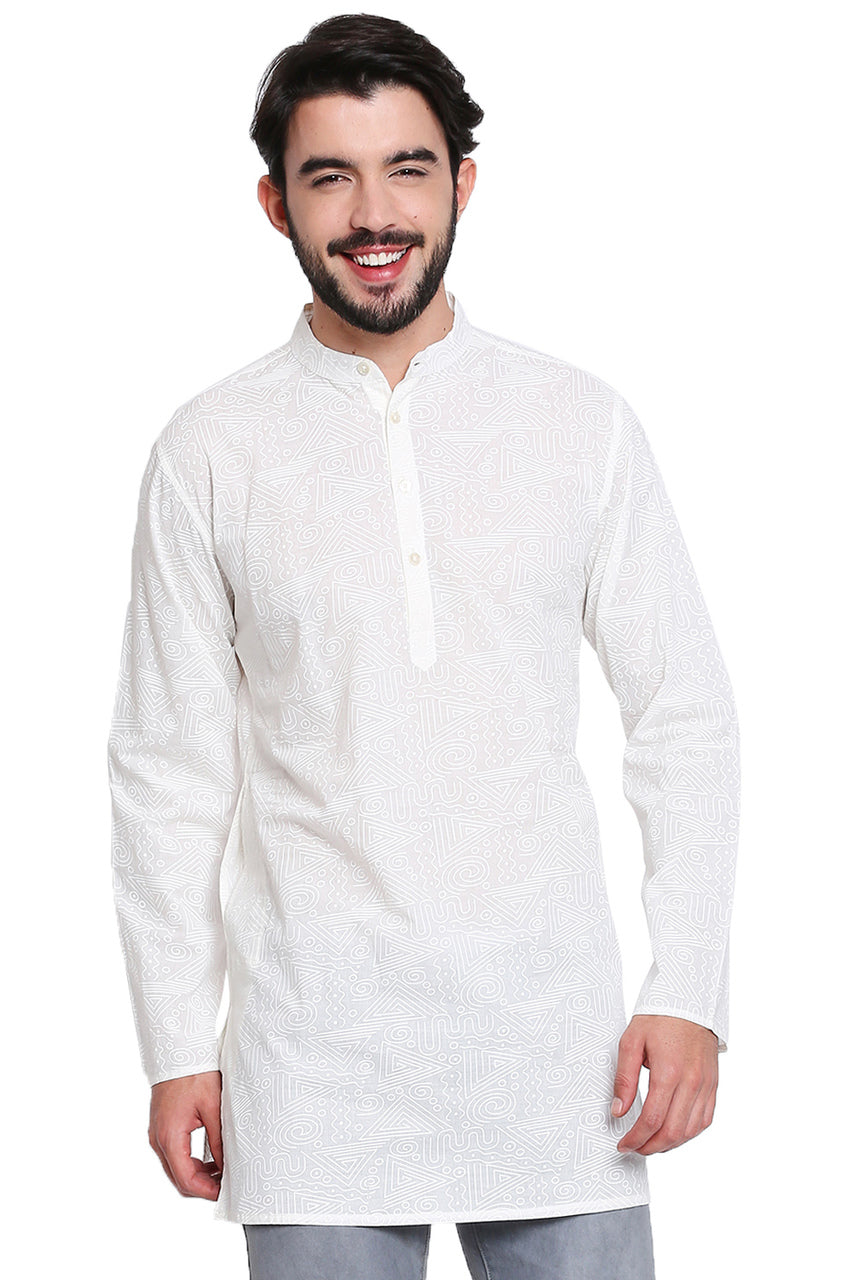 White Pure Cotton Men's Kurta Tunic - Front | In-Sattva