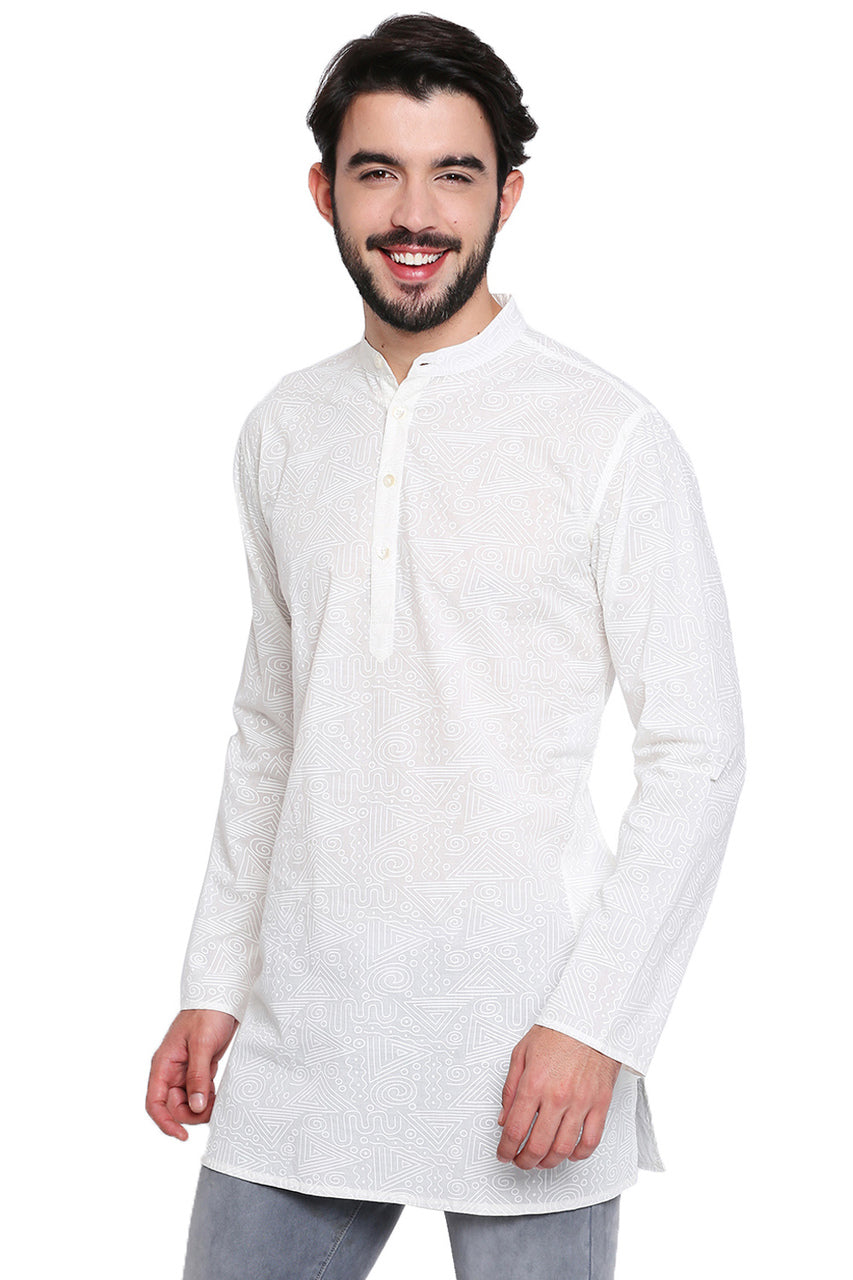 White Pure Cotton Men's Kurta Tunic - Side | In-Sattva