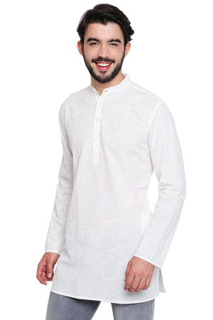 White Pure Cotton Men's Kurta Tunic - Side | In-Sattva
