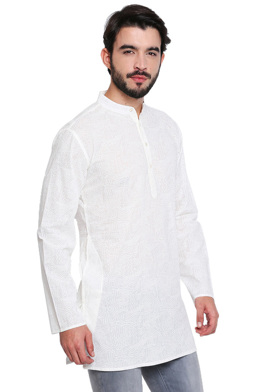 White Pure Cotton Men's Kurta Tunic - Side | In-Sattva