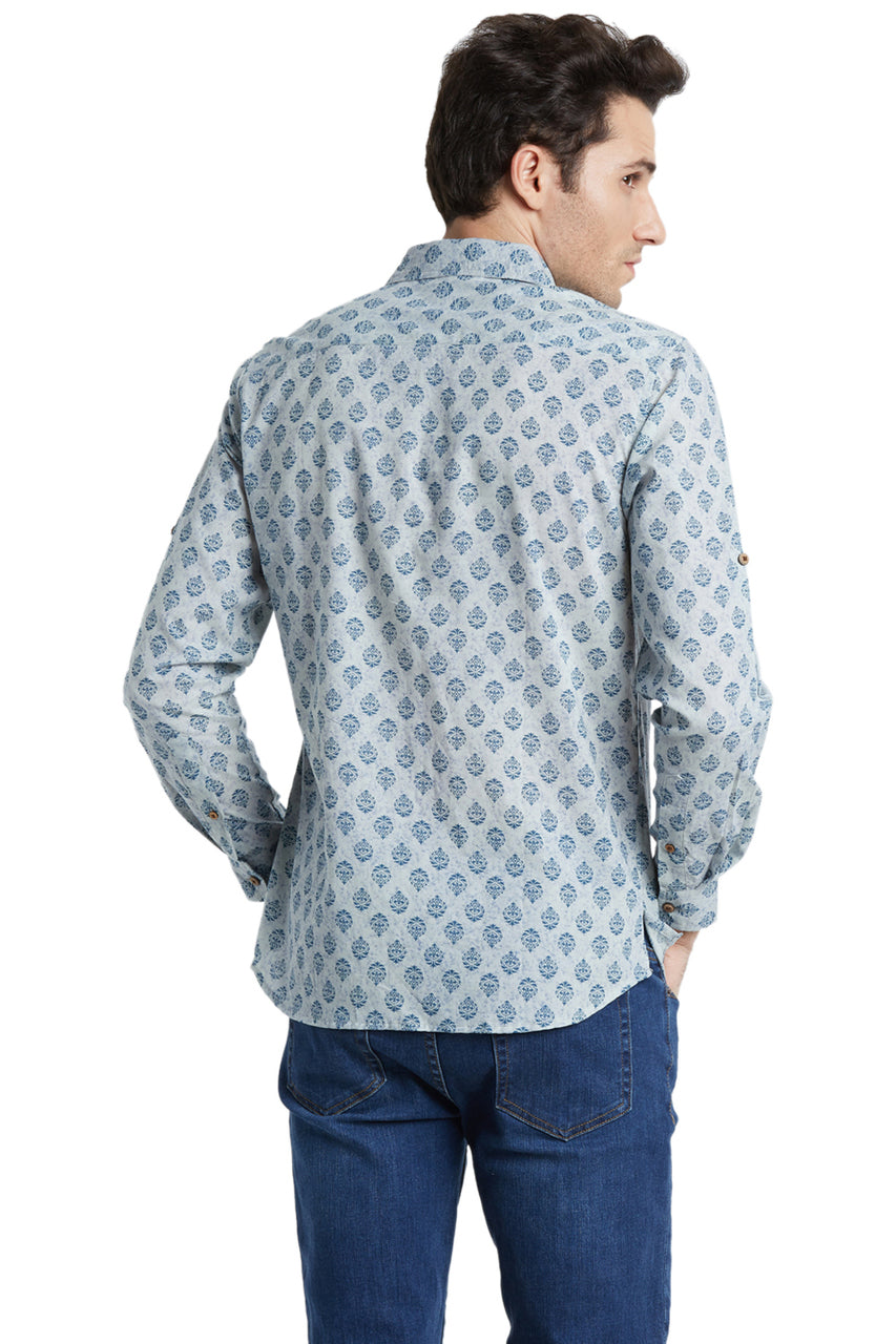 Blue Fitted Button Down Men's Shirt - Vintage Faded Look - Back | In-Sattva