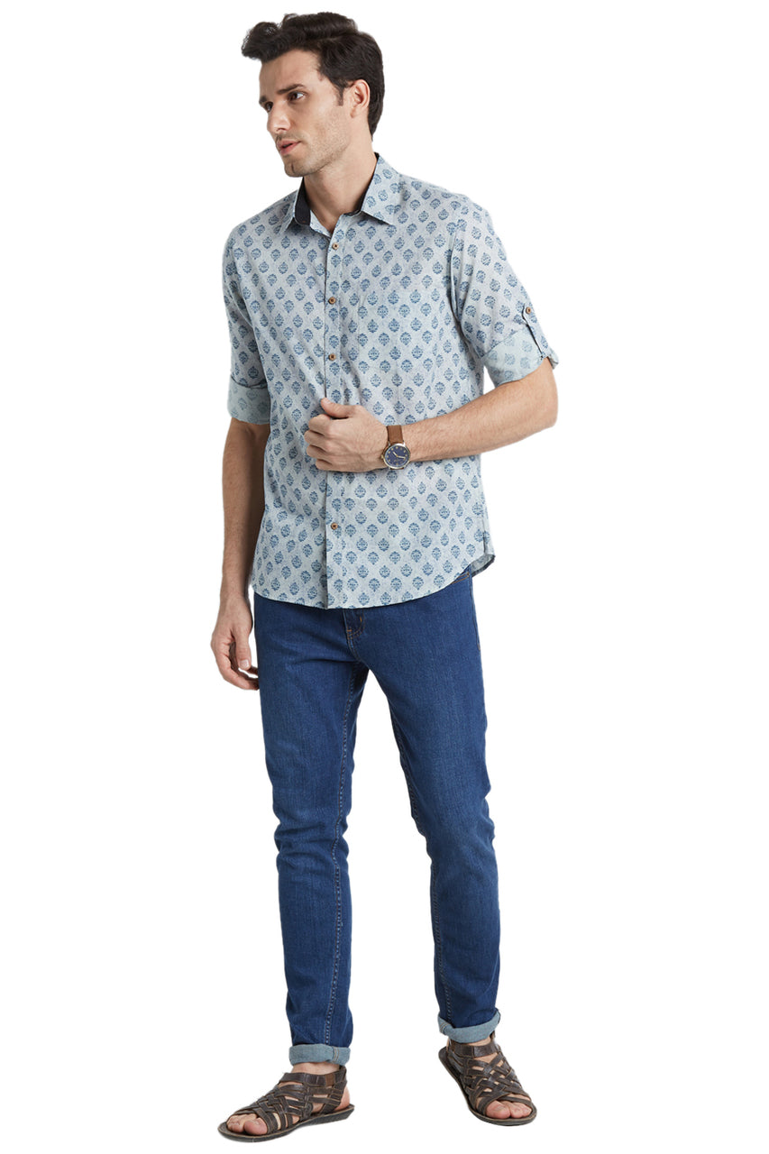 Blue Fitted Button Down Men's Shirt - Vintage Faded Look - Full Display | In-Sattva