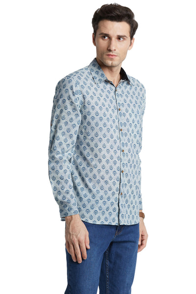 Blue Fitted Button Down Men's Shirt - Vintage Faded Look - Side | In-Sattva