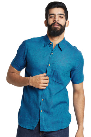 Fitted Men's Shirt - French Blue with Summer Short Sleeves - Front | In-Sattva