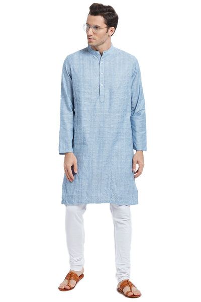 Men's Kurta Tunic: Light Blue with Vintage Style Texture - Full Display | In-Sattva