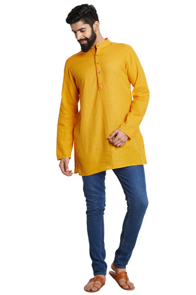 Shatranj Men's Indian Mandarin Collar Summer Sunshine Dobby Print Kurta Tunic