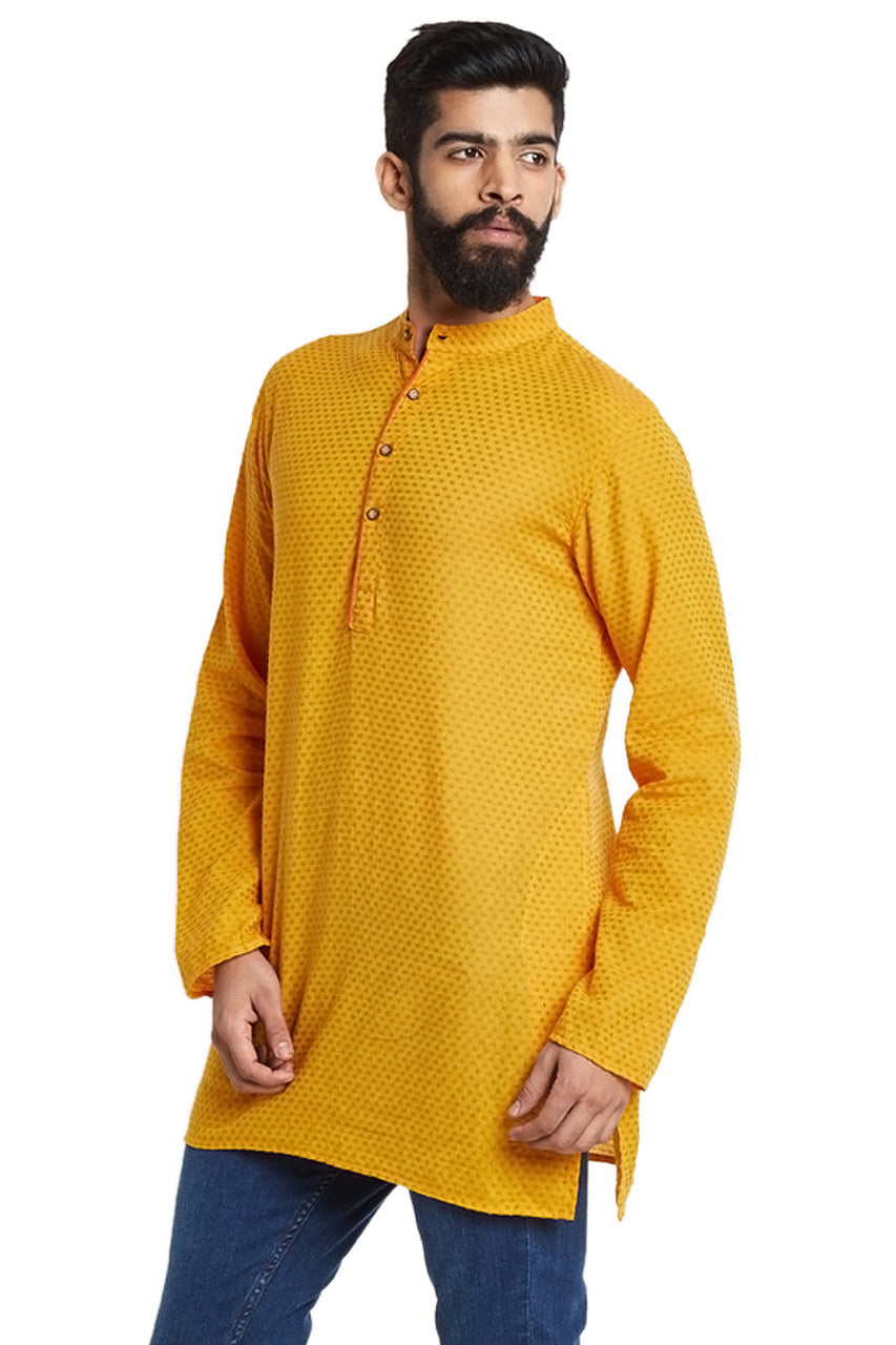 Shatranj Men's Indian Mandarin Collar Summer Sunshine Dobby Print Kurta Tunic