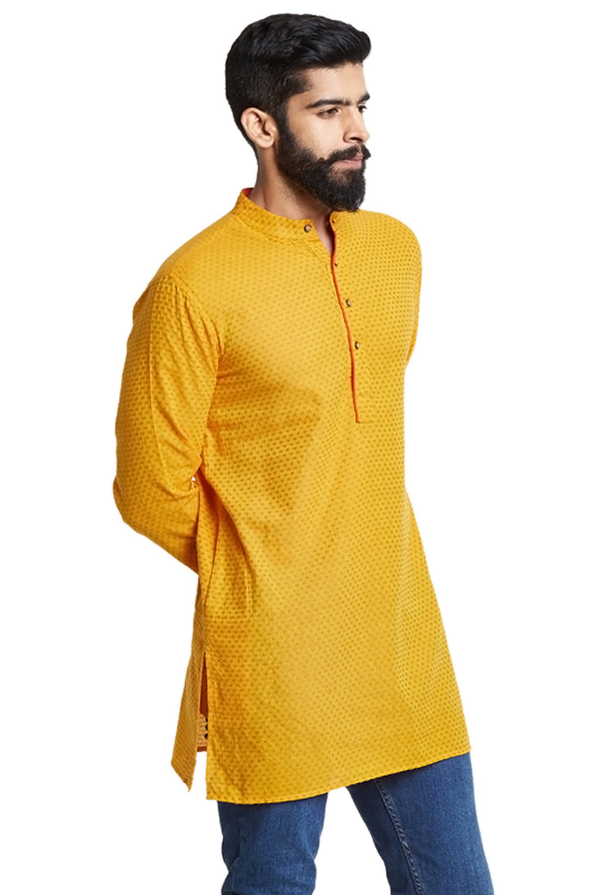 Shatranj Men's Indian Mandarin Collar Summer Sunshine Dobby Print Kurta Tunic